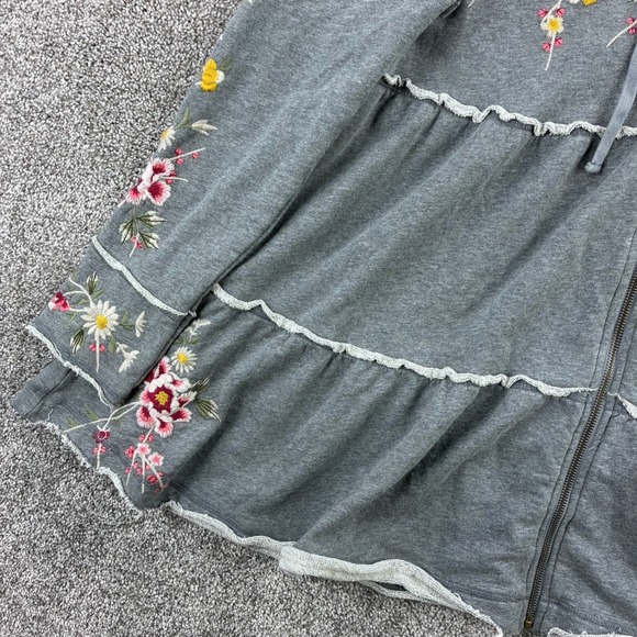 Johnny Was Zuzu Tiered Hoodie Women's Medium Gray Floral Embroidered Pullover - Picture 3 of 7